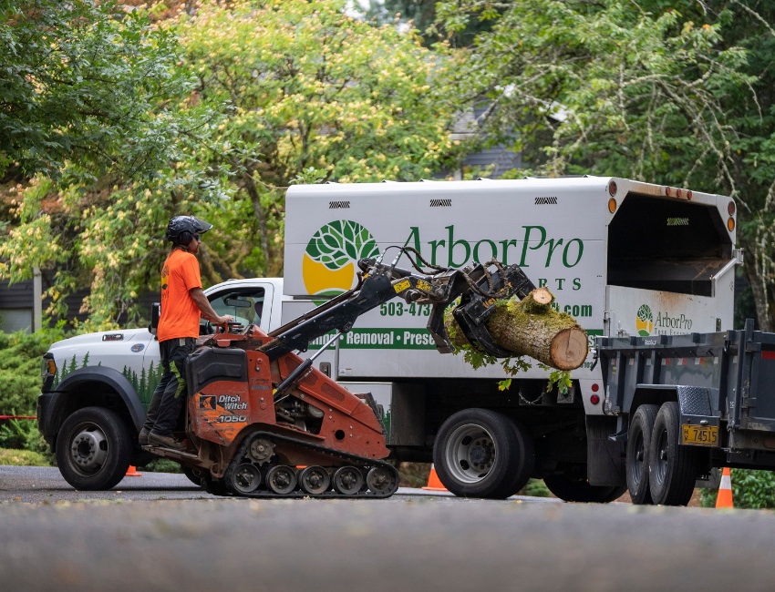 ArborPro team member operating equipment in front of branded truck to remove large tree log near Portland.