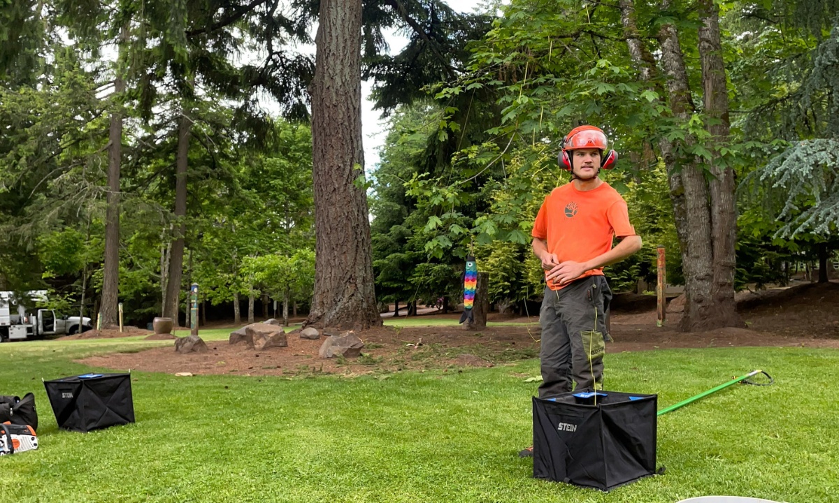 ArborPro arborist getting ready for assessing trees in a residence in Portland, OR.