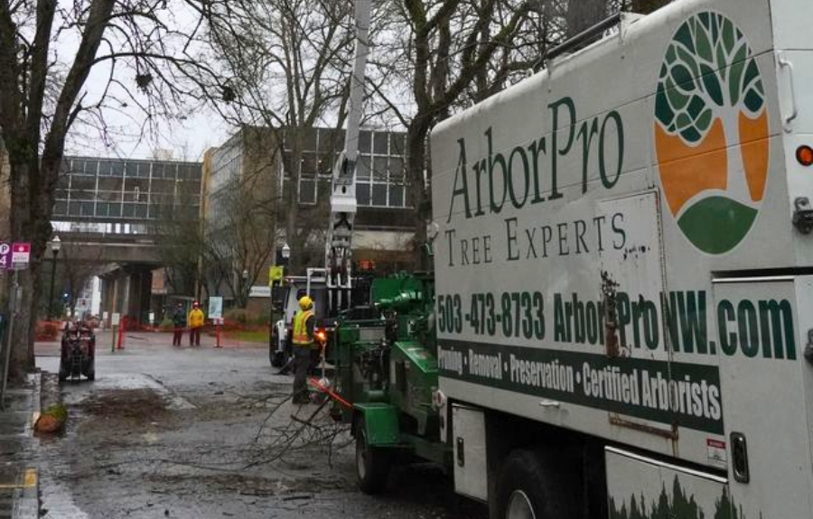 ArborPro Tree Experts truck and crew working on a commercial tree project in downtown Portland with a crane visible in the background on a rainy winter day.