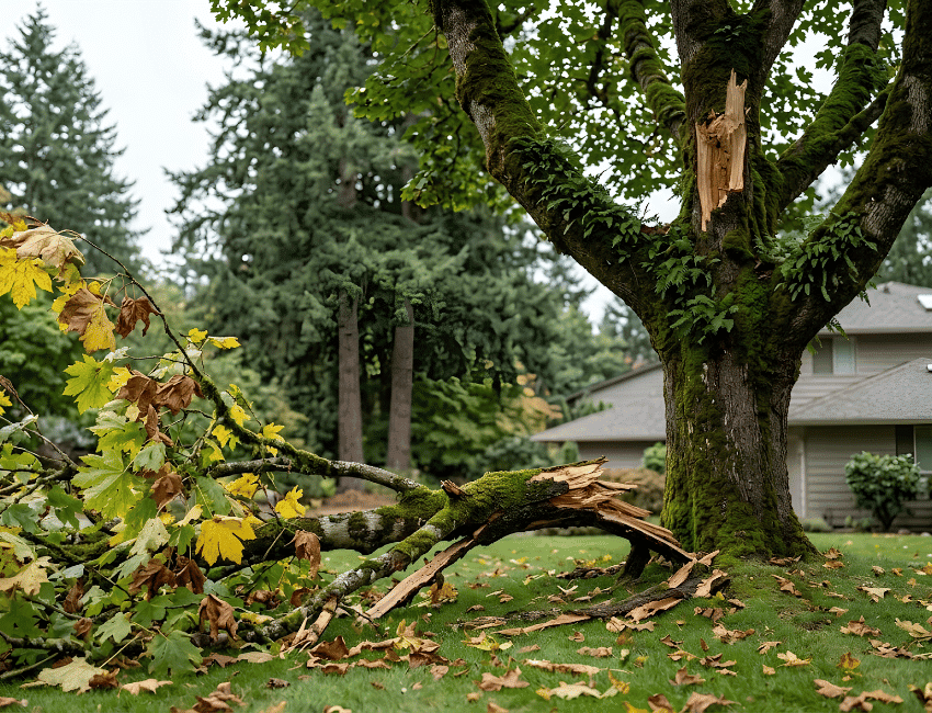 Fallen maple branch on a lawn beneath a bigleaf maple in a Beaverton, Oregon yard