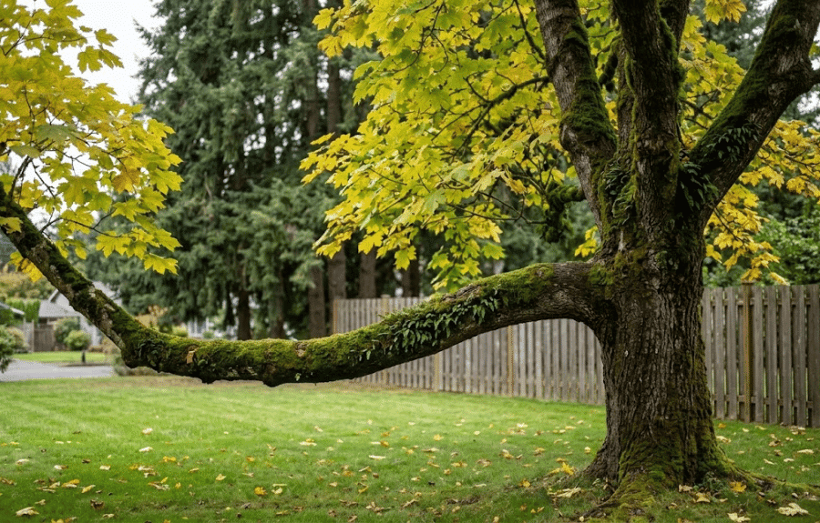 A long limb reaching out sideways acts like a lever on the union where it attaches to the trunk. Long, heavy horizontal limb on a moss-covered bigleaf maple extending over a lawn near Portland, Oregon