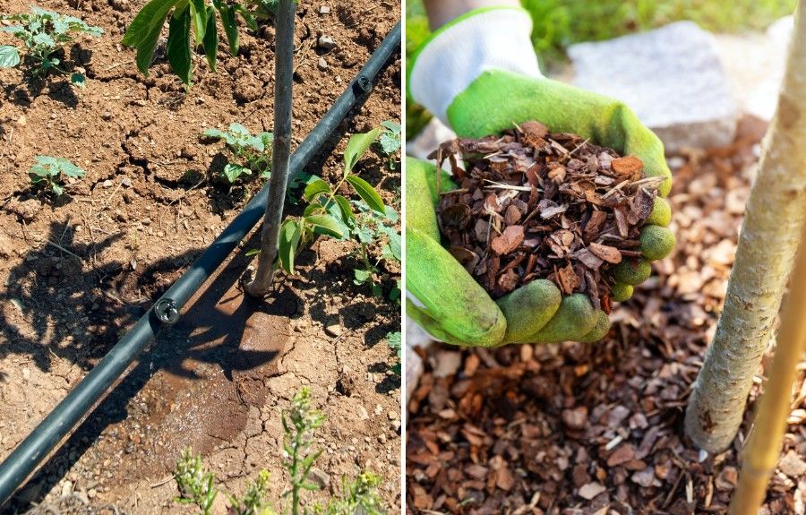 Split image of a black drip irrigation line watering dry soil at a tree's base (left), and a gloved hand holding fresh bark mulch near the base of a small tree trunk (right).