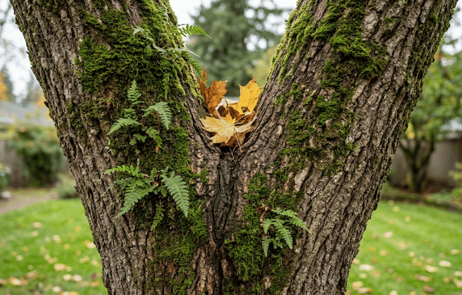 A V-shaped union with trapped bark is a warning sign, since the wood fibers cannot interlock. Tight V-shaped union with bark folded into the seam on a bigleaf maple trunk